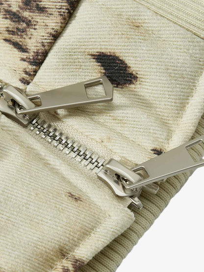 Splatter Print Faux Fur Collar Ruched Sleeve Zip-Up Jacket