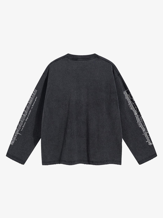 Music Score Graphic Distressed Long Sleeve Tee