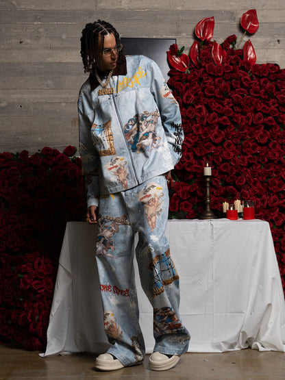 Artistic Denim Jacket and Pants Set - Perfect for Fashion-Forward Streetwear Enthusiasts 
