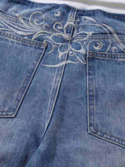 Ribbed Folded Waist Floral Embroidery Baggy Barrel Jeans