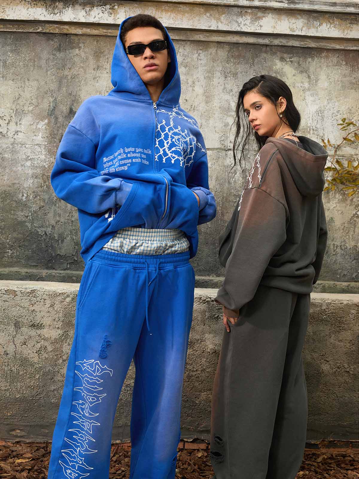 Supermade Vintage Distressed Print Patchwork Sweatshirt Set 