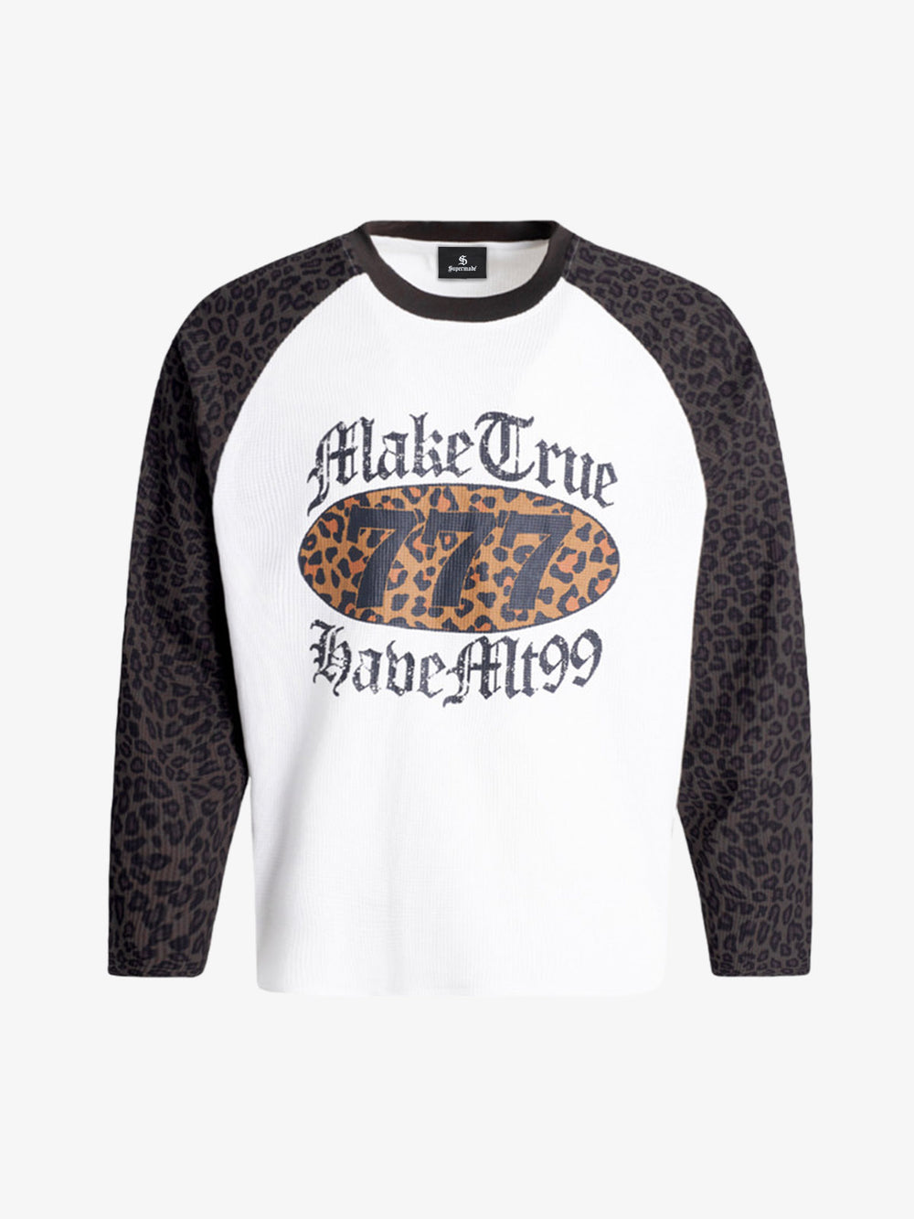 Leopard Letter Graphic Raglan Waffle Long Sleeve Tee