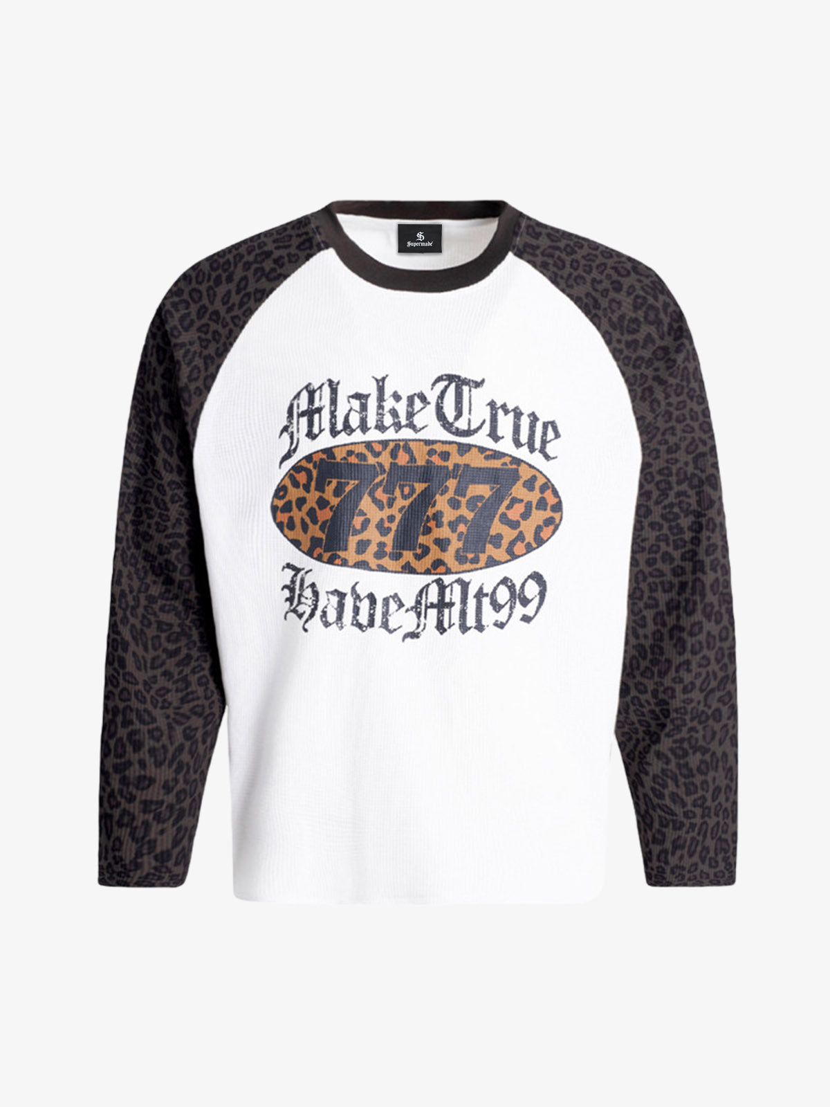Leopard Letter Graphic Raglan Waffle Long Sleeve Tee