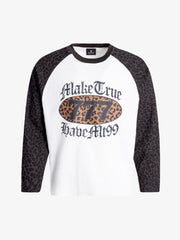 Leopard Letter Graphic Raglan Waffle Long Sleeve Tee
