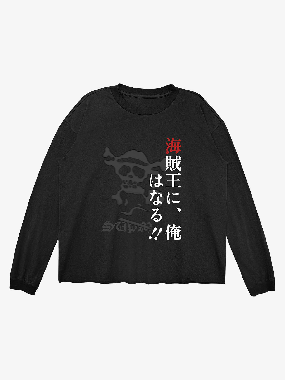 Pirate Skull Text Graphic Distressed Long Sleeve Tee