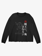 Pirate Skull Text Graphic Distressed Long Sleeve Tee
