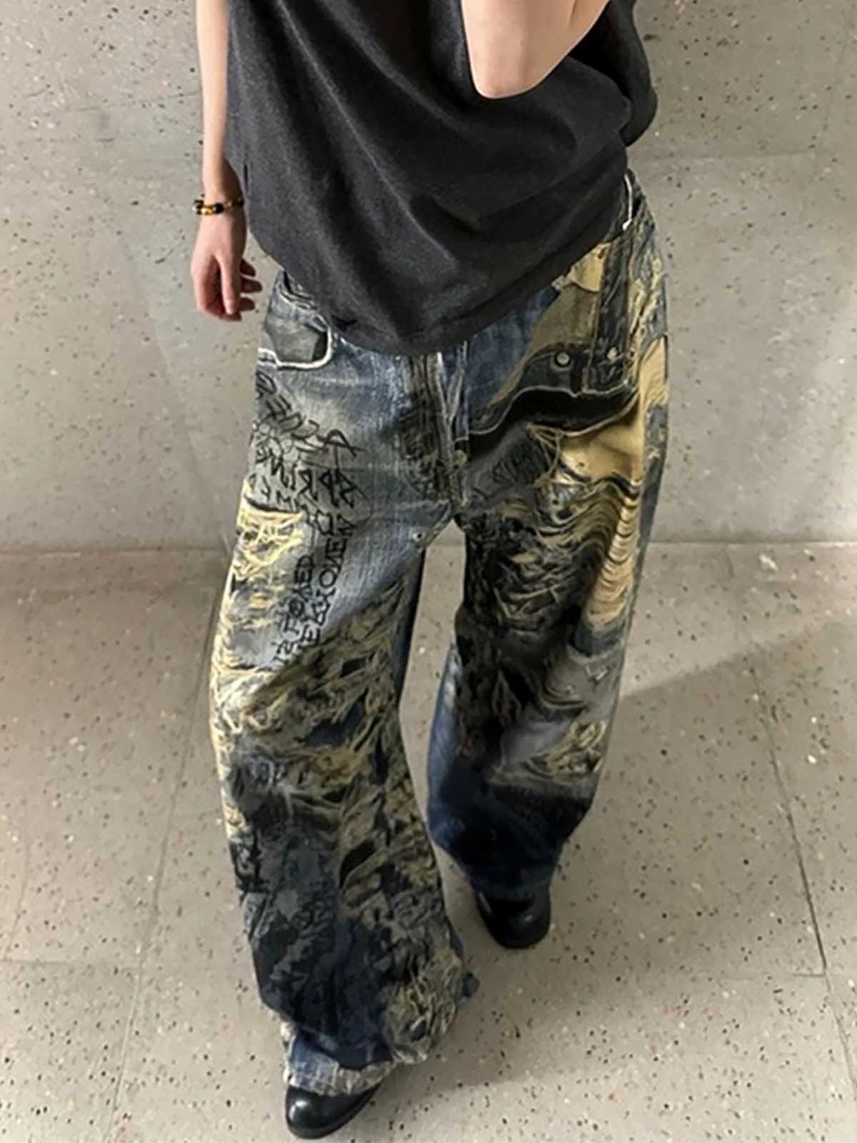 Ripped Holes Torn Optical Printed Jeans 