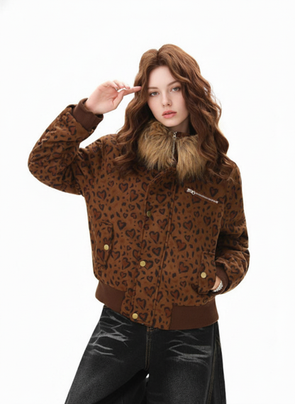 Detachable Fur Collar Heart Leopard Print Bomber Jacket 