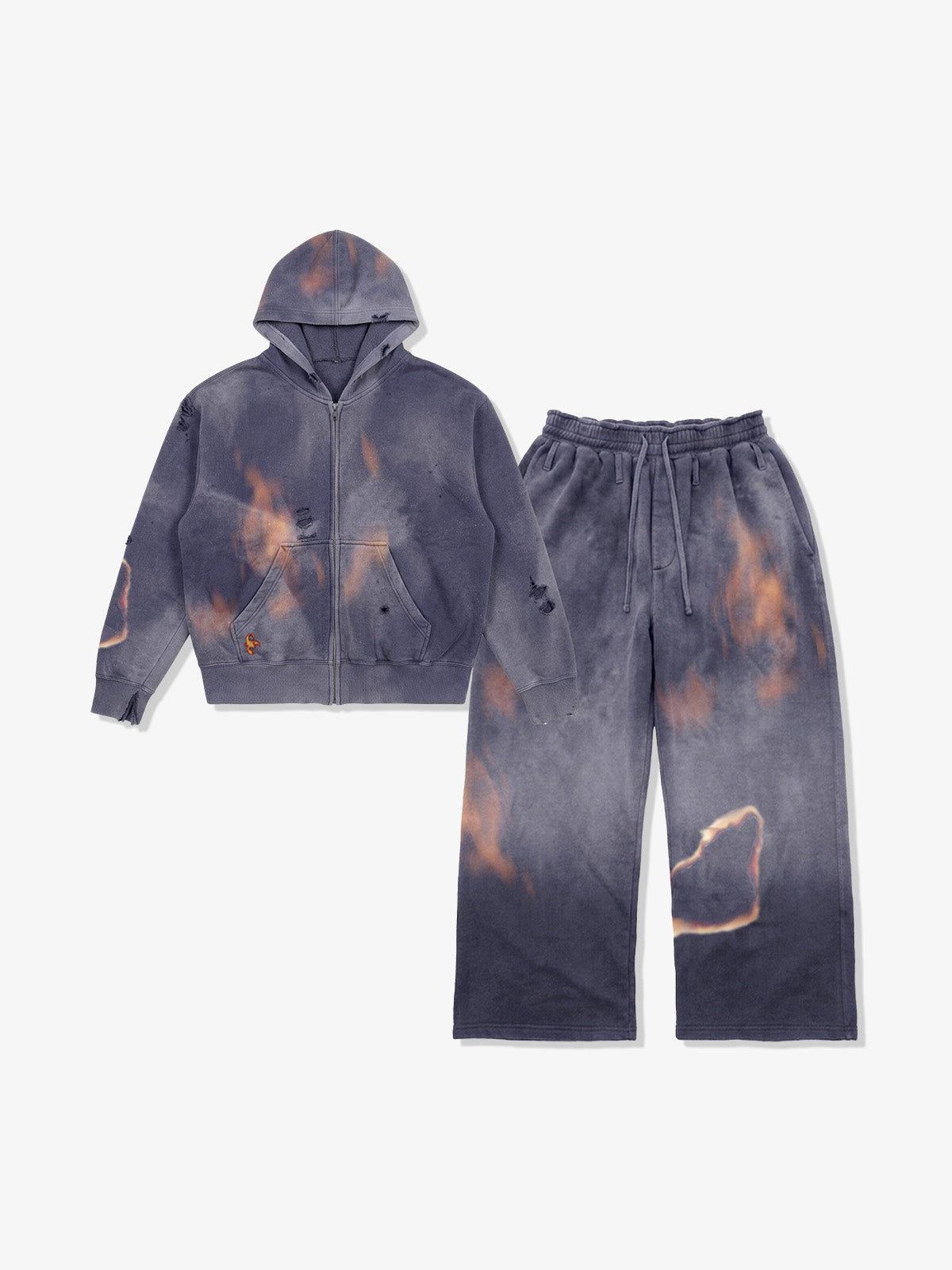 Flame-Wash Distressed Zip Hoodie & Wide-Leg Sweatpants Set