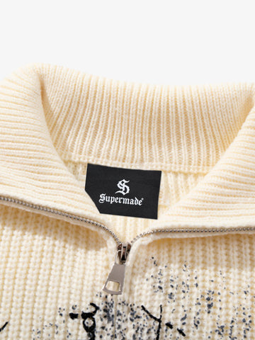 Ink-Splashed Butterfly Jacquard Zip Knit Sweater 