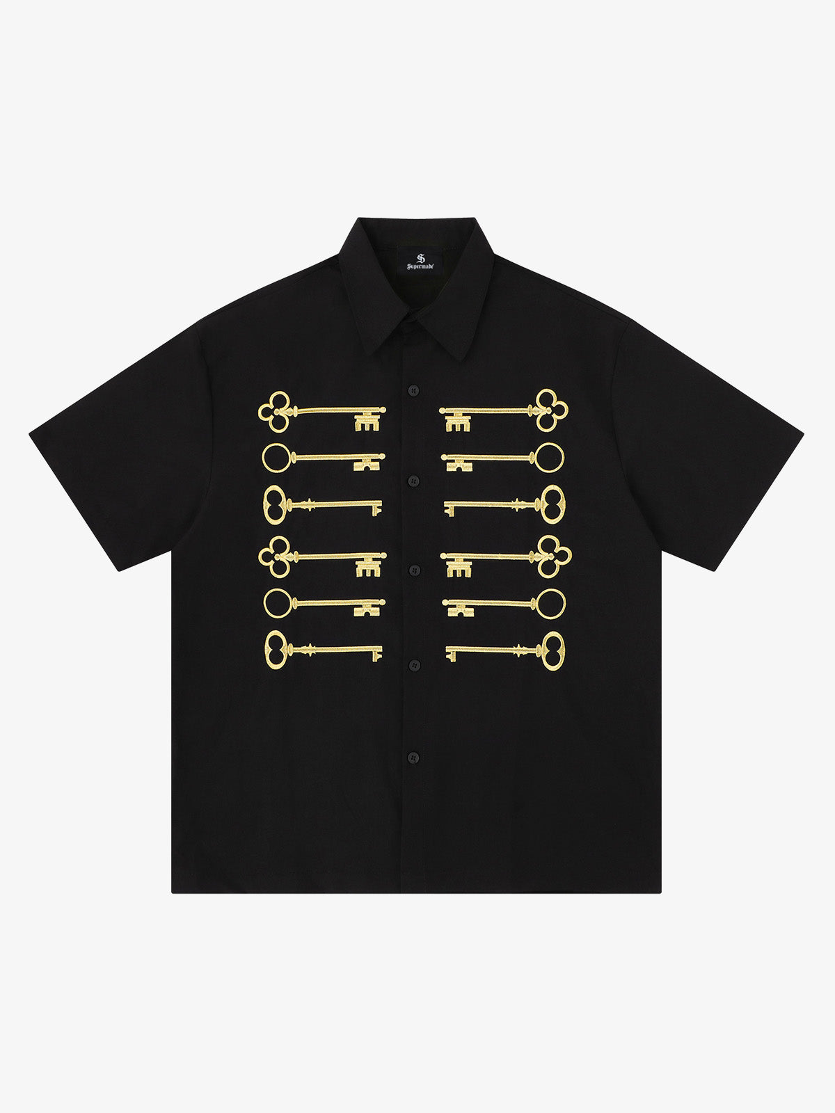 Camisa negra de algodón con botones y motivo de llave bordado en dorado.