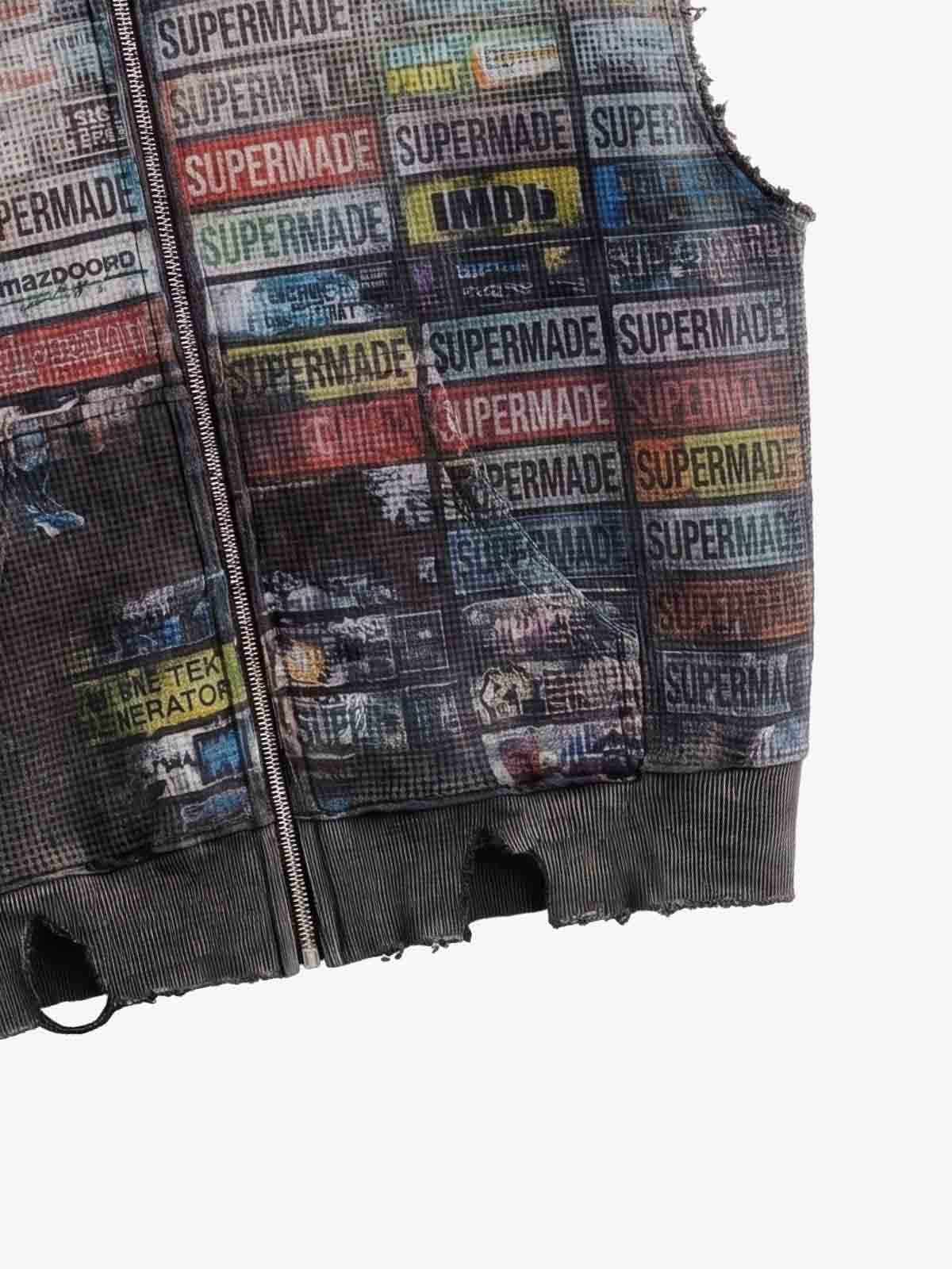 Distressed Multi-Label Graphic Sleeveless Zip Hoodie 