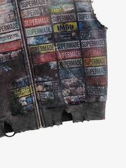 Distressed Multi-Label Graphic Sleeveless Zip Hoodie 