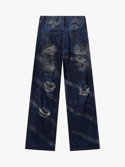 Distressed Wide-Leg Jeans with Tie-Dye Effect for Trendy Looks 