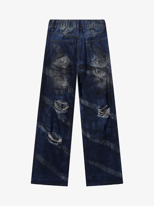 Distressed Wide-Leg Jeans with Tie-Dye Effect for Trendy Looks 