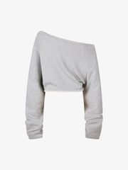 Off-Shoulder Raw Edge Cropped Long Sleeve Tee