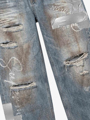 Foil-Tape Distressed Ripped Heavyweight Jeans