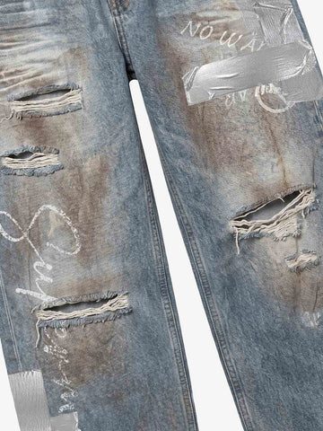 Foil-Tape Distressed Ripped Heavyweight Jeans