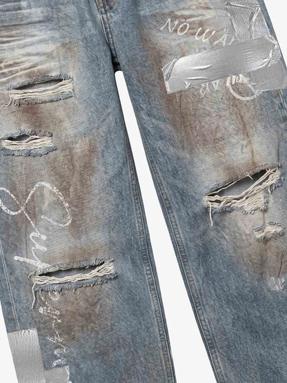 Foil-Tape Distressed Ripped Heavyweight Jeans
