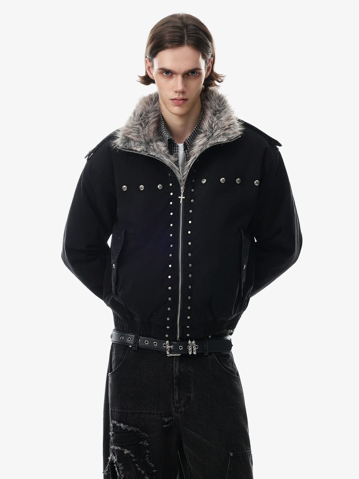 Studded Faux-Fur Collar Bomber Coat