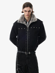 Studded Faux-Fur Collar Bomber Coat