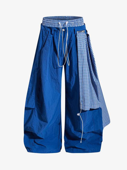 Marineblaue, übergroße Polyamid-Hose mit weitem Bein, kariertem Einsatz und Kordelzug im Bund – leicht, atmungsaktiv, Streetwear-Style