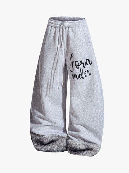 Faux Fur Spliced Hem Wide-Leg Sweatpants 