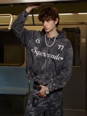 Embroidered Ripped Washed Distressed Zip Hoodie