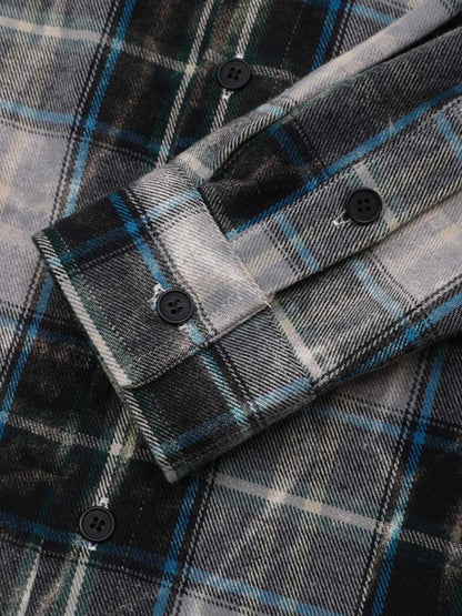 Thesupermade Street Hip-hop Washed Distressed Mottled Plaid Red Print Long-sleeved Shirt 