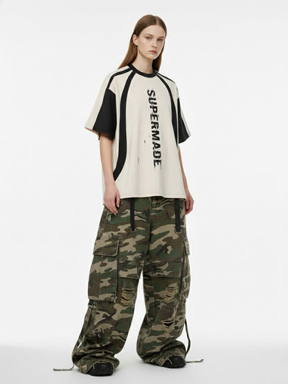 Thesupermade Vertical Glitch Art Deconstruction Contrast Color Stitching Print T-shirt 