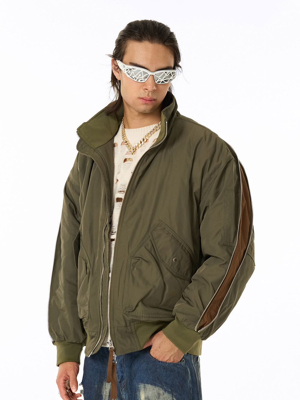Retro Street Hip-Hop Zipper Design Bomber Jacket 