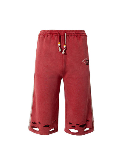 Distressed Ripped Red Culotte Jorts 