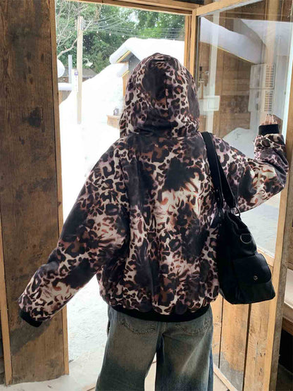 Leopard Print Hooded Bomber Jacket with Faux Fur Trim - Trendy and Stylish for All Seasons 