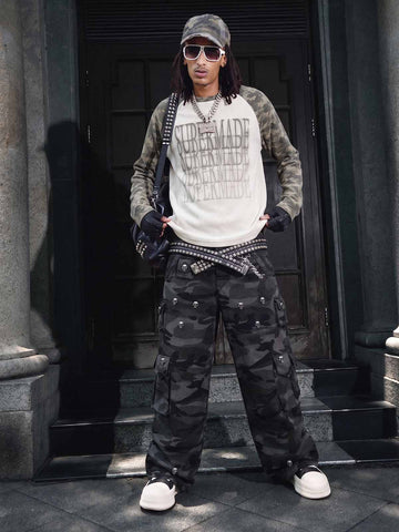 Waffle Knit Camo Raglan T-Shirt with Graphic Print