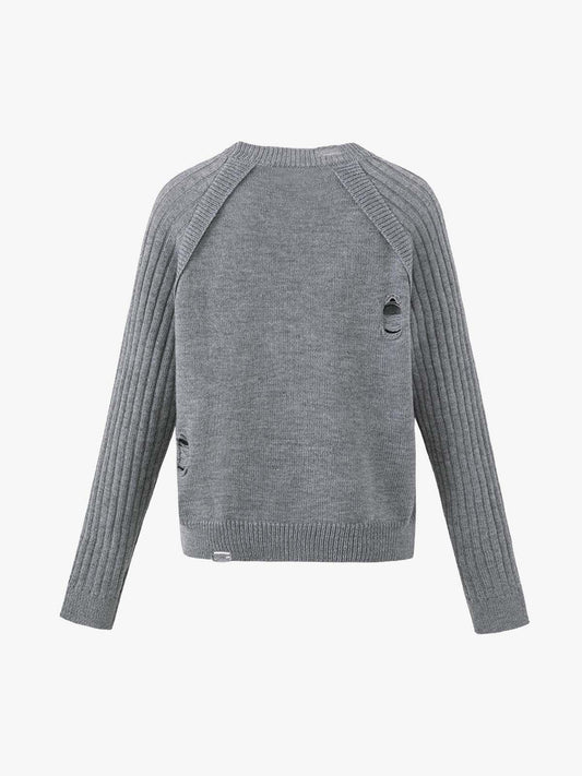 Distressed Ribbed Raglan Knit Sweater