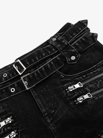 Thesupermade Distressed Double Belt Mini Shorts