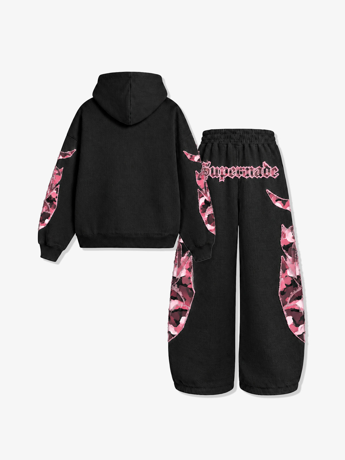 Waffle-Knit Camo Appliqué Embroidered Hoodie & Wide-Leg Sweatpants Set