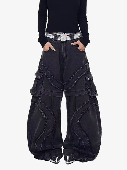 Retro Patchwork Frayed-Edge Heavy-Duty Jeans 