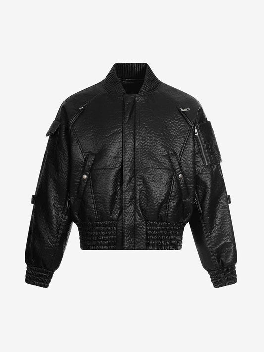 Street Functional PU Leather Panel Workwear Pocket Bomber Jacket 