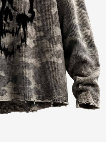 Distressed Waffle Knit Camo Long Sleeve with Skull Print