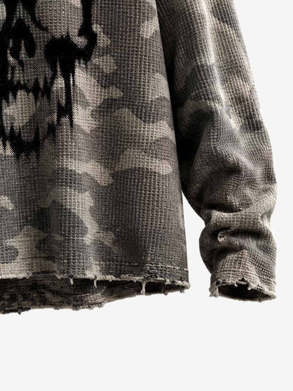 Distressed Waffle Knit Camo Long Sleeve with Skull Print