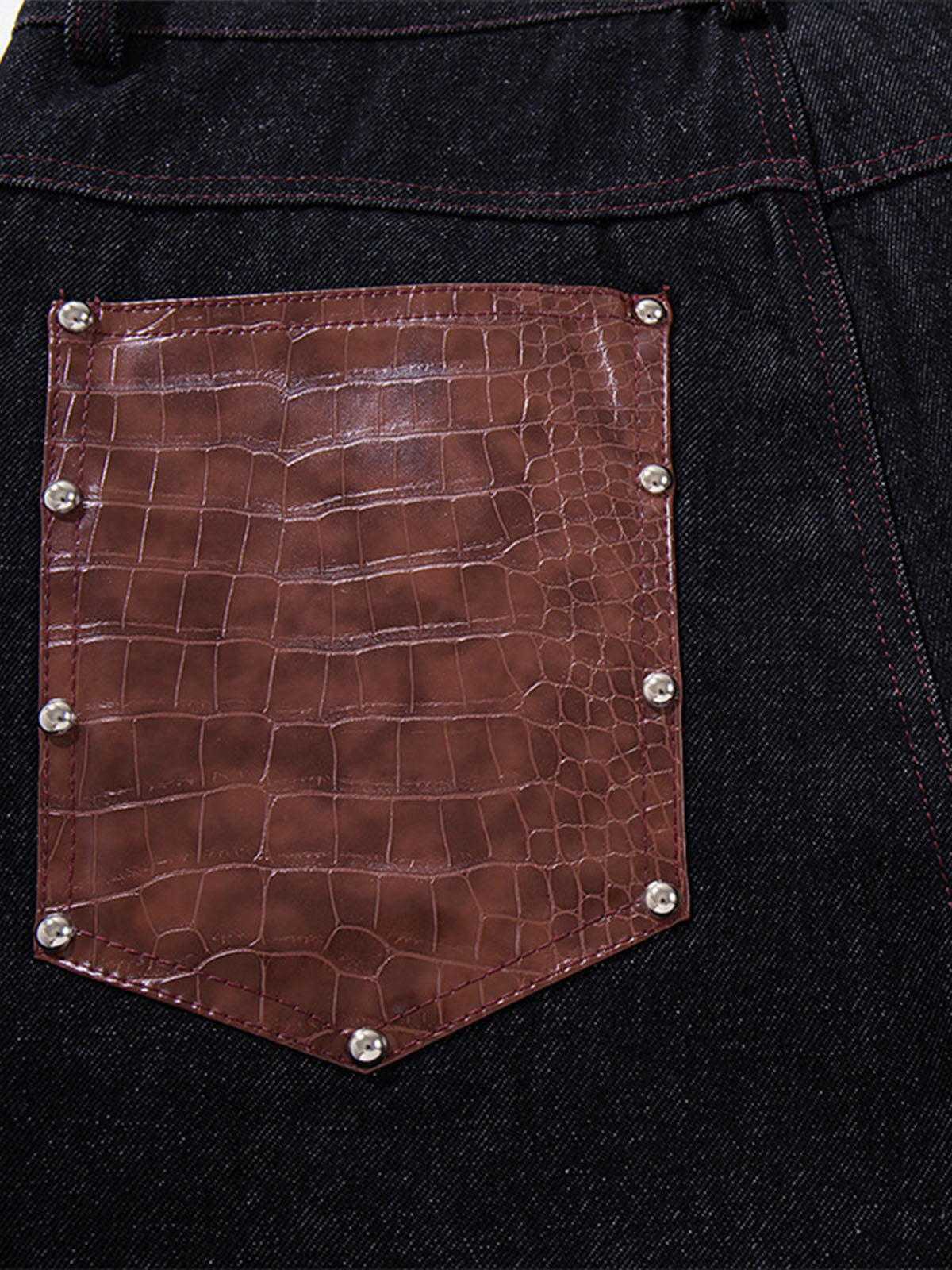 Leather Patchwork Studded Loose-Fit Jeans