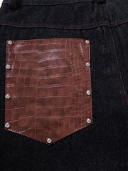 Leather Patchwork Studded Loose-Fit Jeans
