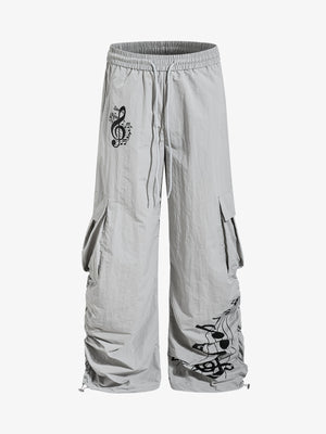 Music Note Print Baggy Nylon Cargo Pants
