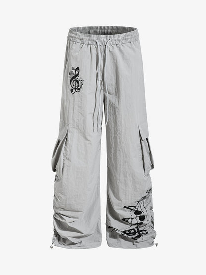 Music Note Print Baggy Nylon Cargo Pants