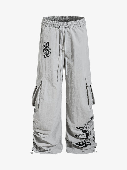 Baggy-Cargohose aus Nylon mit Musiknotenmuster