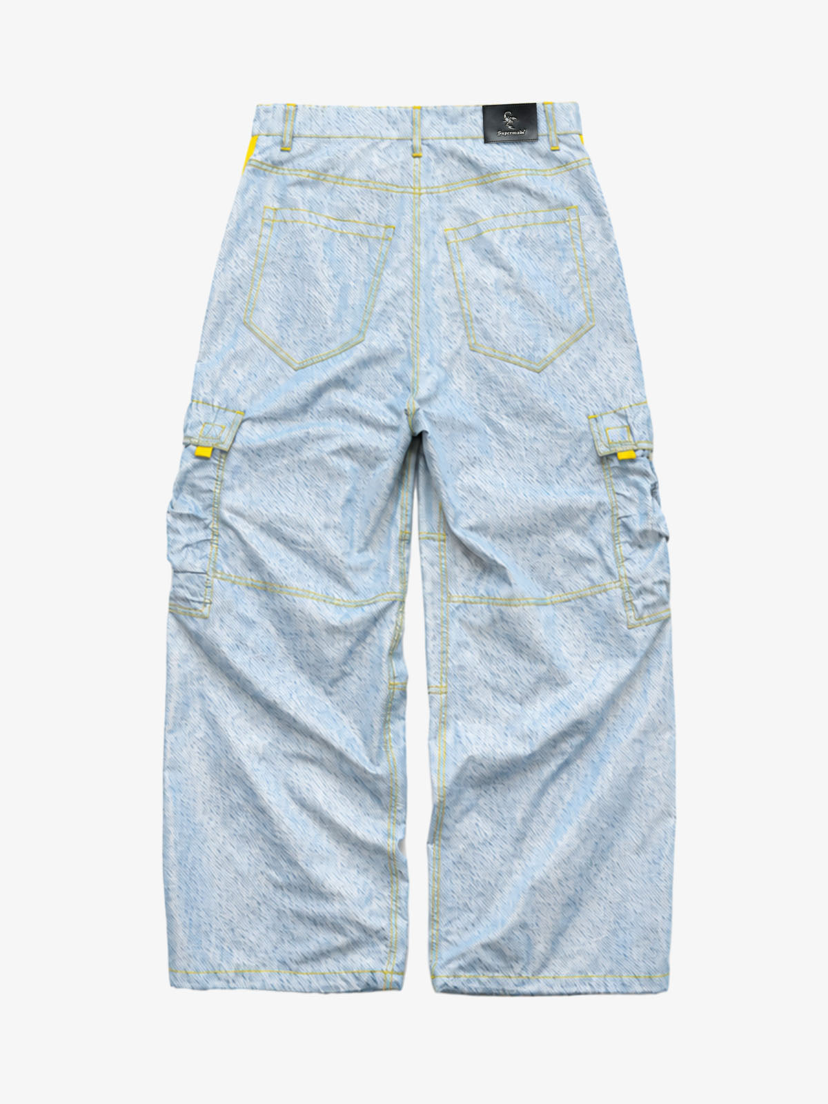 Yellow-Stripe Multi-Pocket Washed Cargo Jeans