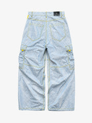 Yellow-Stripe Multi-Pocket Washed Cargo Jeans