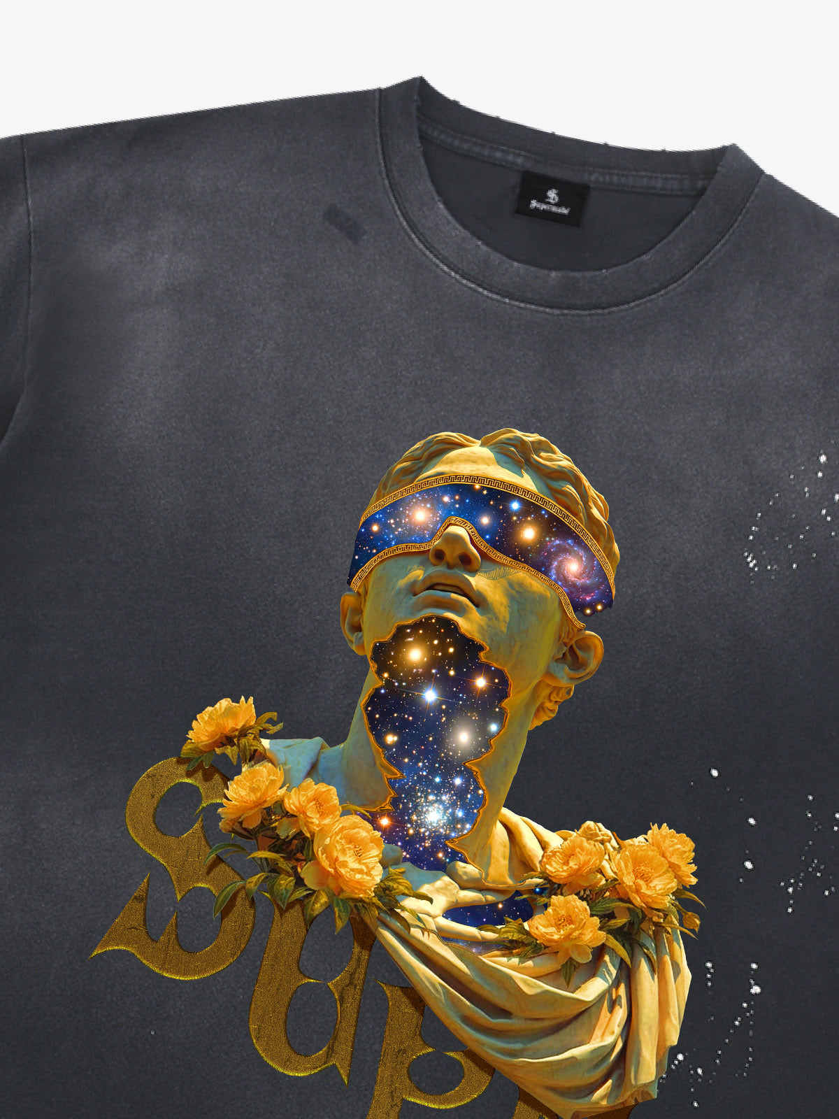 THE SUPERMADE-Wash and splash ink Galaxy Art Print T-Shirt with Cosmic Statue Design for Men and Women 