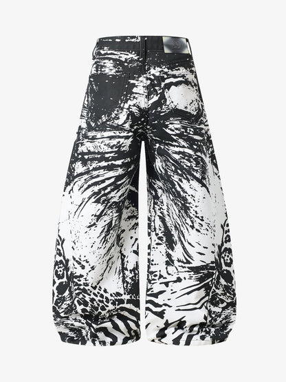 Weit geschnittene Hose mit abstraktem Print – Hochgeschnittene Hose aus Baumwollmischgewebe